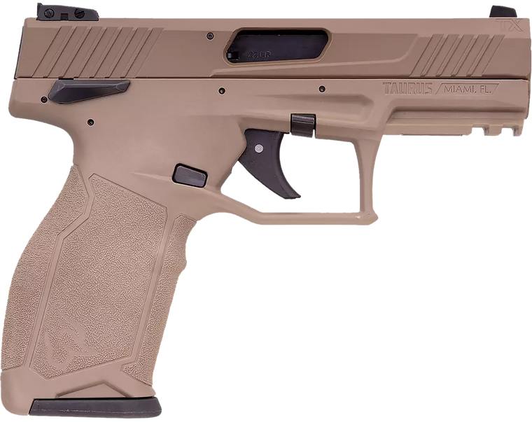Taurus 1-2TX22141F 2TX Full Size Frame 22 LR 22+1 4.60" Matte Black Threaded Barrel, Black Anodized Serrated Slide, Flat Dark Earth Polymer Frame w/Picatinny Rail, Textured Grip