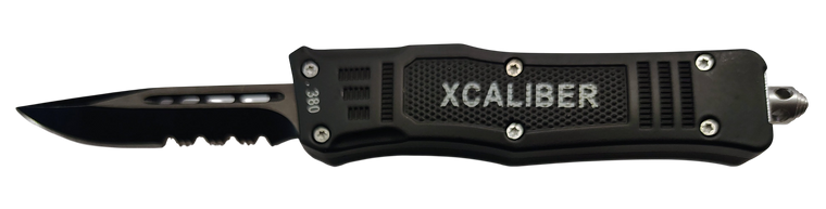 Xcaliber Knife Company 380 ACP Small 2.75" OTF Part Serrated Black 440C SS Blade, 3.91" Steel Handle