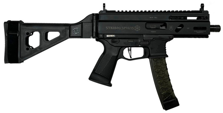 Grand Power 810091152836 Stribog SP9A35S 9mm Luger 30+1 8" Black Picatinny Rail Receiver, SB Tactical Brace, Black Polymer Grip