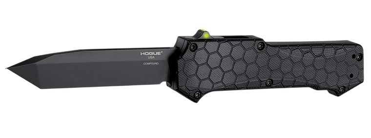 Hogue 34021 Compound 3.50" OTF Tanto Plain Black PVD CPM 30CV SS Blade, Black Textured Aluminum/G10 Handle