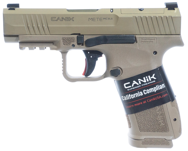 Canik HG7885CAD-N Mete MC9LS *CA Compliant 9mm Luger 10+1 3.63" Black Steel Barrel, Desert Cerakote Steel Serrated Slide, Flat Dark Earth Polymer Frame w/Picatinny Rail, Interchangeable Backstrap Grip