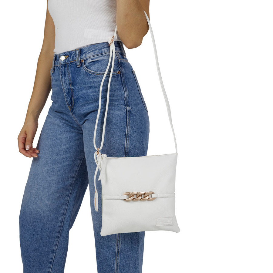 CROSSBODY SOLID PURSE  CHAIN DETAIL WHITE Q0626-80