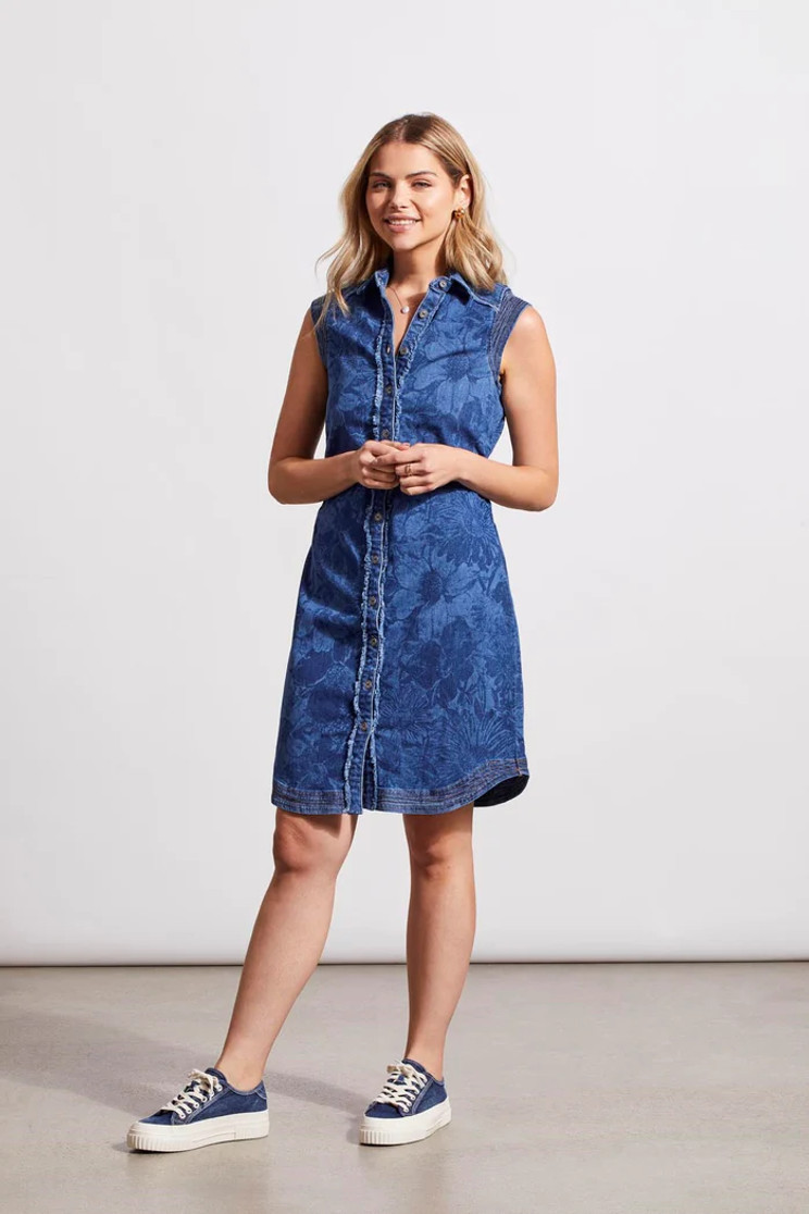 PRINTED SLVLESS DENIM DRESS W/RUSHING &PKTS 5400O-4798P