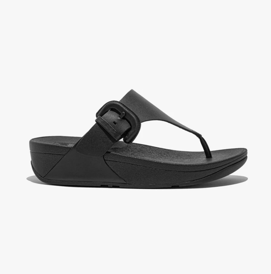 LULU COVERED-BUCKLE RAW-EDGE LEATHER TOE THONG BLACK HG9-001