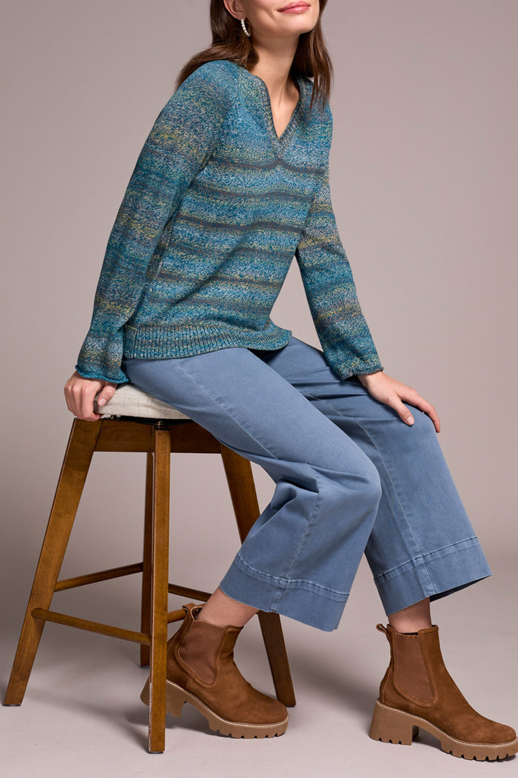 V NECK VARIGATED STRIPE COTTON SWEATER 2374O-576