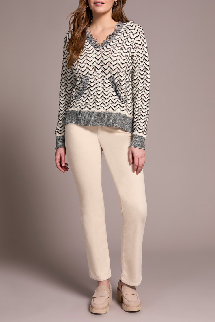 HOODED STRIPE SWEATER FRINGE&POINTELLE 2276O-576