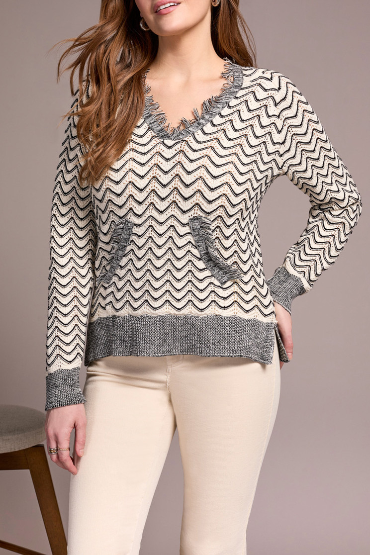 HOODED STRIPE SWEATER FRINGE&POINTELLE 2276O-576