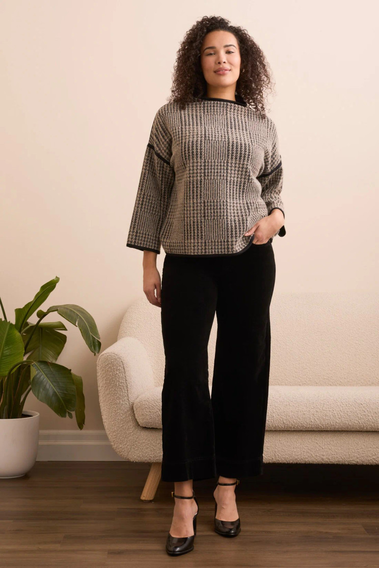 3/4 SLV TUNNEL NECK  HOUNDSTOOTH TOP 2296O-8311