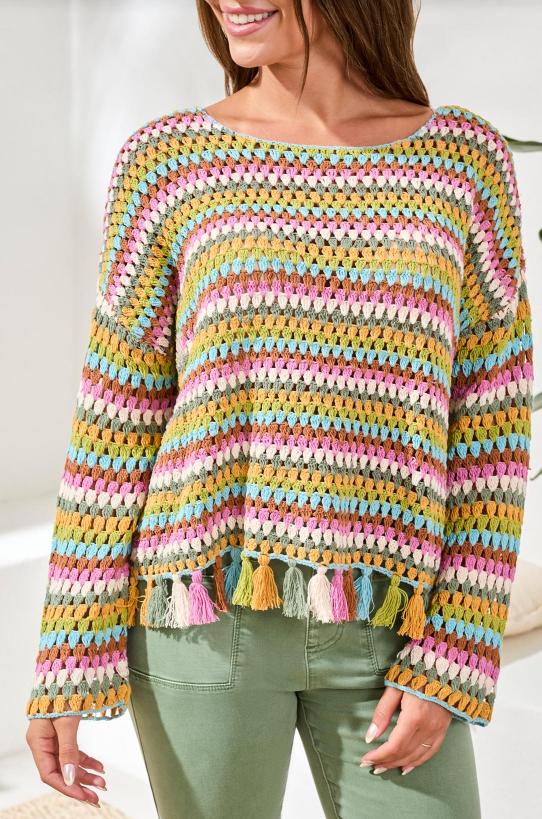 LONG BELL SLV STRIPE SWEATER/FRINGE 3034O-576