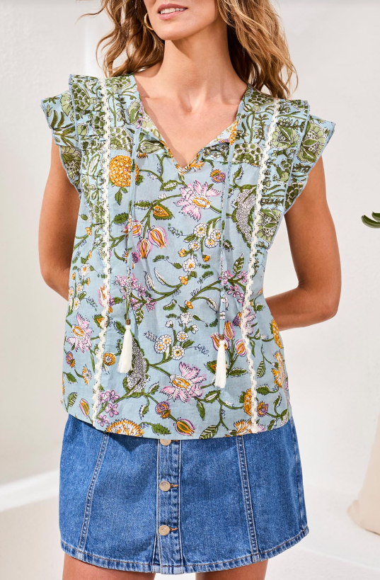 MIXED PRINT BLOUSE RUFFEL SLV/TASSEL 5430O-5190