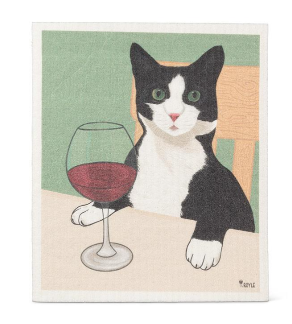CAT WITH WINE DISHCLOTH 20ASDCAT