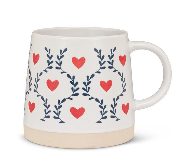WIDE BASE MUG W/SCANDI HEARTS/LEAVES 27-ARTISAN-121