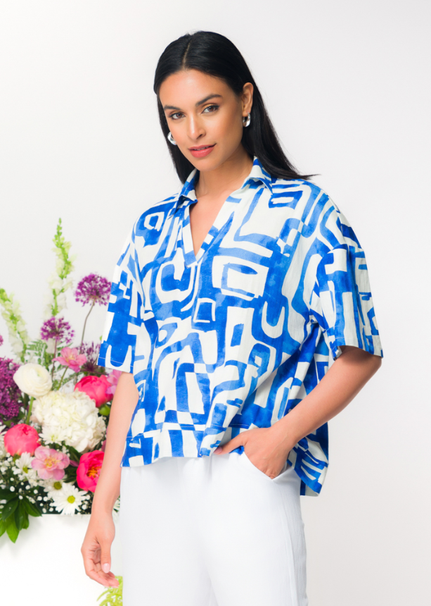 JOHNNY COLLAR BLOUSE PRINT LINEN BLEND 36245