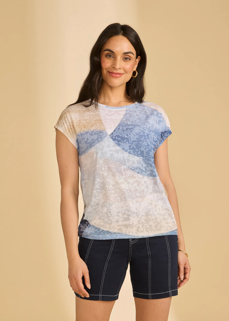 SS ROUND NECK TOP BLUE/BGE PRINT 3582844