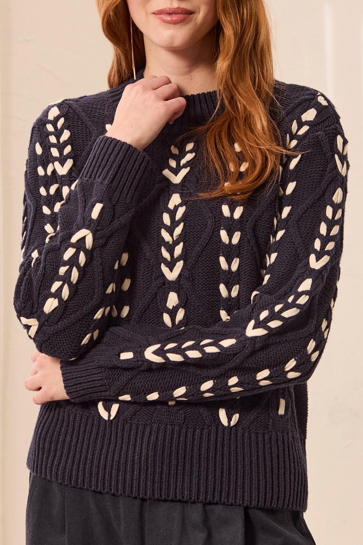 L/S MOCK NECK W/CONTRAST CABLE DETAIL 3129O-3954