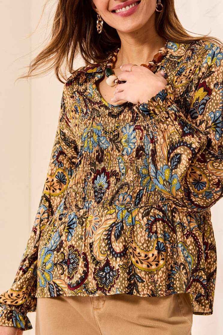 L/S PRINT BLOUSE W/SMOCKING 3190O-1434