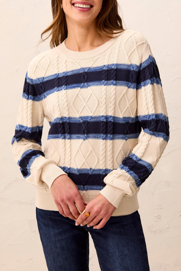 CABLE KNIT STRIPE CREW COTTON SWEATER 3212O-576