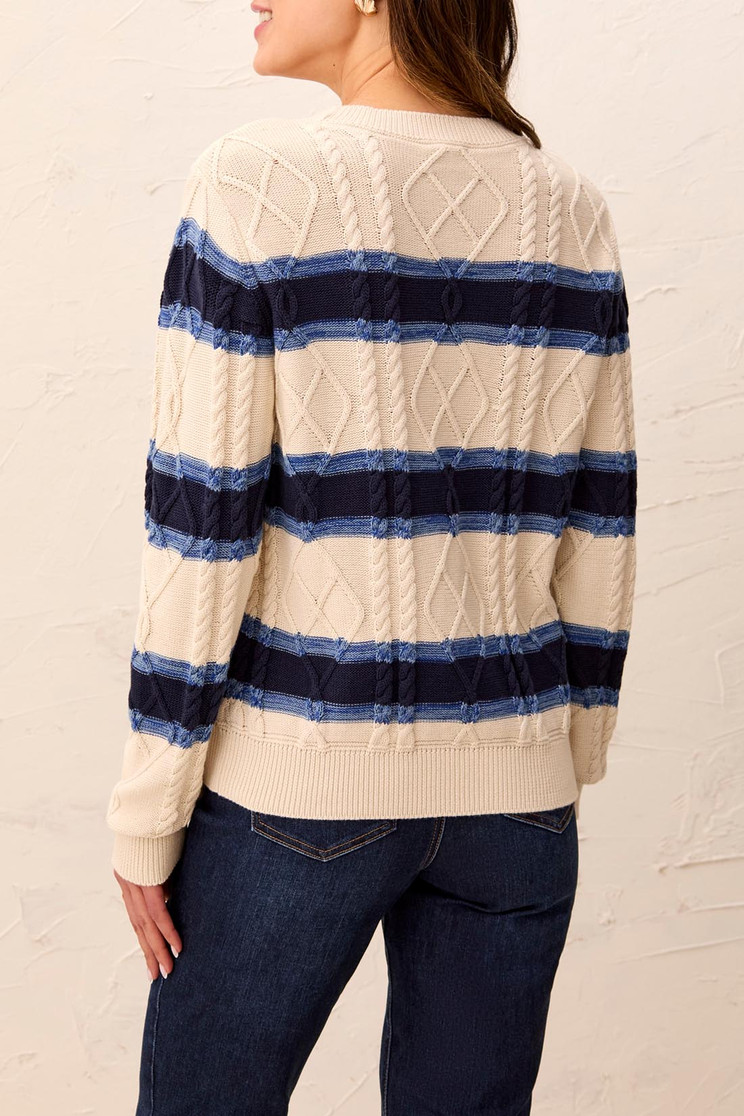 CABLE KNIT STRIPE CREW COTTON SWEATER 3212O-576