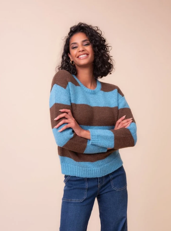 STRIPE CREW SWEATER TEAL/CHOC A48161
