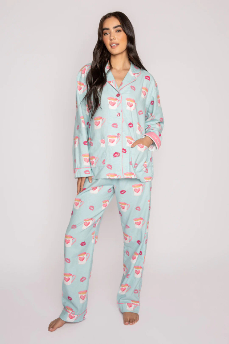 FLANNEL PJ SET COFFEE - AQUA - MUGS & KISSES RKFLPJAQUA