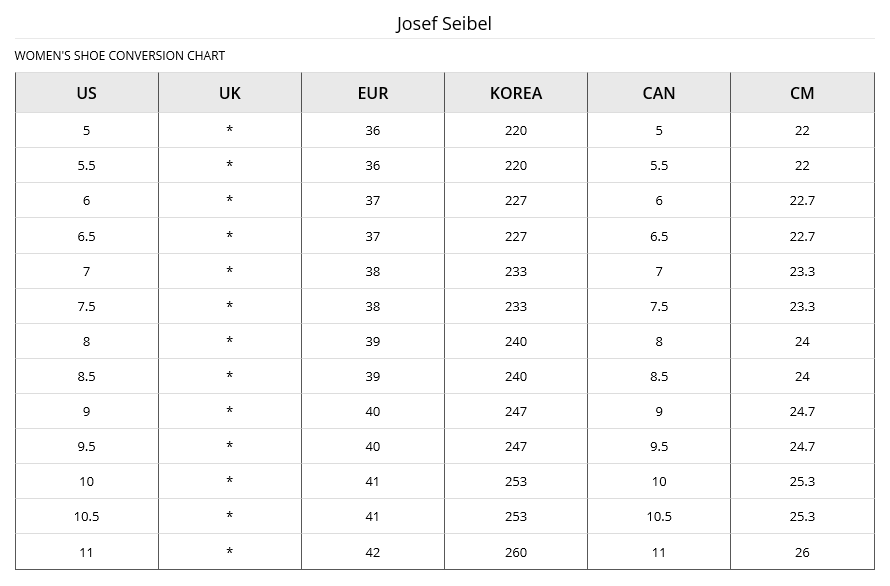 Josef Seibel Size Chart