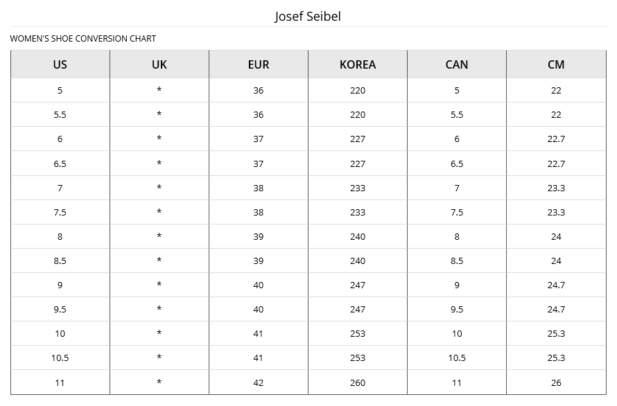 Josef Seibel Shoe Size Chart