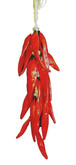 Large bright cherry red ceramic chile strand.  Ristra measures approximately 18" of ceramic chiles.  In addition, top portion of the strand includes approximately  5" of twine which includes a loop for hanging.