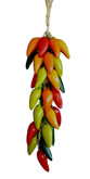 Multi-colored chile pepper strand measures approximately  18" from top to bottom.  The ceramic portion of the strand measures approximately 14".  The topper measures approximately 5", and each ceramic pepper measure about 3".  The twine topper has several loops from which to hang the ornament.