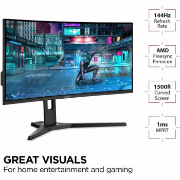 ViewSonic OMNI VX3418-2KPC 34 Inch Ultrawide Curved 1440p 1ms 144Hz Gaming Monitor with FreeSync Premium, Eye Care, HDMI and Display Port VX3418-2KPC
