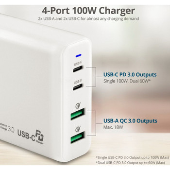 SIIG 100W Dual USB-C PD 3.0 PPS & QC 3.0 Combo Power Charger - White AC-PW1P11-S1