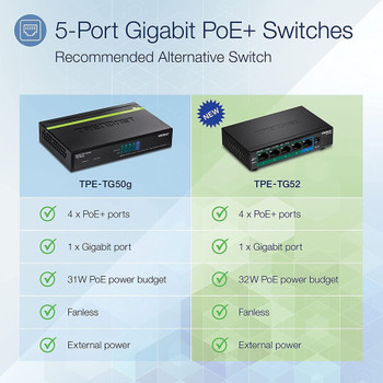 TRENDnet 5-Port Gigabit PoE+ Switch, 32W PoE Power Budget, 10Gbps Switching Capacity, IEEE 802.1p QoS, DSCP Pass-Through Support, Fanless, Wall Mountable, Lifetime Protection, Black, TPE-TG52 TPE-TG52