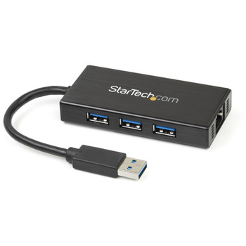 StarTech.com 3 Port Portable USB 3.0 Hub with Gigabit Ethernet Adapter NIC - 5Gbps - Aluminum w/ Cable ST3300GU3B