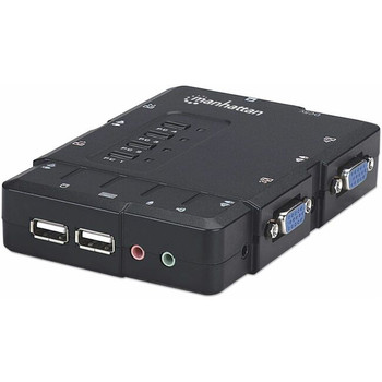 Manhattan KVM Switch Compact 4-Port, 4x USB-A, Cables included, Audio Support, Control 4x computers from one pc/mouse/screen, Black, Lifetime Warranty, Boxed 151269