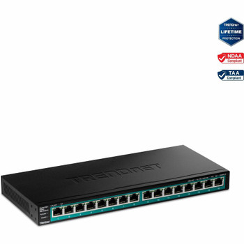 TRENDnet 16-Port Gigabit PoE+ Switch, 16 x Gigabit PoE+ Ports, 120W PoE Budget, Up to 30W Per Port, 1U 19" Rackmount Brackets Included, Fanless, Lifetime Protection, Black, TPE-TG161H TPE-TG161H