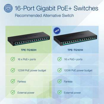 TRENDnet 16-Port Gigabit PoE+ Switch; TPE-TG160H; 123W PoE Power Budget; 32 Gbps Switching Capacity; Desktop Switch; Ethernet Network Switch; Metal; 1U 10" Rack Mountable; Lifetime Protection TPE-TG160H