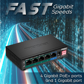 TRENDnet 5-Port Gigabit PoE+ Switch, Camera DIP Switch extends PoE+ 200m (656 ft.), 60W PoE Budget, Black, TPE-TG51g TPE-TG51g