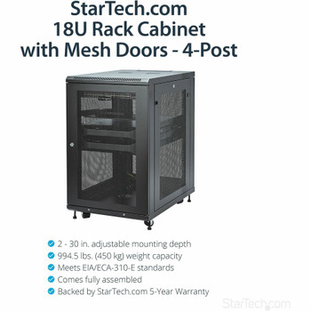 StarTech.com 18U 19" Server Rack Cabinet 4 Post Adjustable Depth 2-30" w/Casters/Cable Management/1U Shelf, Locking Doors and Side Panels RK1833BKM