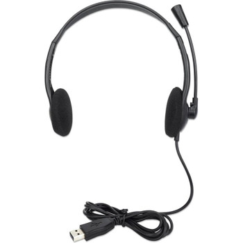 Manhattan Stereo On-Ear Headset (USB), Microphone Boom, Retail Box Packaging, Adjustable Headband, Ear Cushion, 1x USB-A for both sound and mic use, cable 1.5m, Three Year Warranty 179898