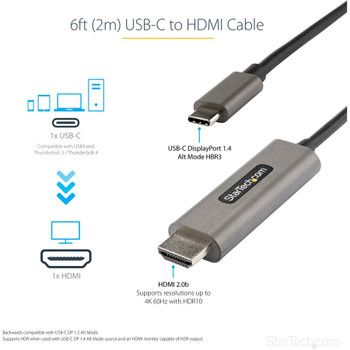 StarTech.com 6ft (2m) USB C to HDMI Cable 4K 60Hz with HDR10, Ultra HD USB Type-C to HDMI 2.0b Video Adapter Cable, DP 1.4 Alt Mode HBR3 CDP2HDMM2MH
