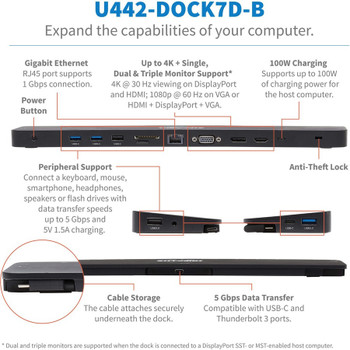 Tripp Lite by Eaton USB-C Dock, Triple Display - 4K HDMI & DP, VGA, USB 3.x (5Gbps) and USB 2.0 Hub Ports, GbE, 100W PD Charging U442-DOCK7D-B