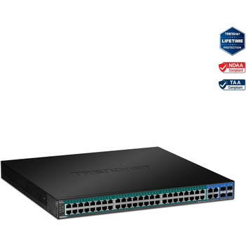 TRENDnet 52-Port Gigabit Web Smart PoE+ Switch, 48 Gigabit PoE+ Ports, 4 Shared Gigabit Ports (RJ-45 Or SFP), 370W PoE Power Budget, 104Gbps Switching Capacity, Lifetime Protection, Black, TPE-5240WS TPE-5240WS