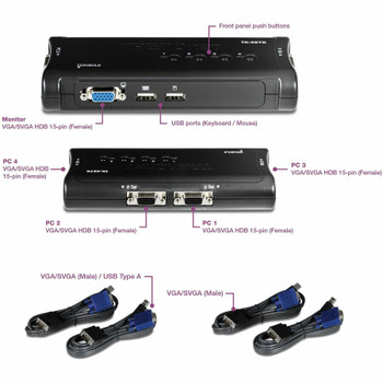 TRENDnet 4-Port USB KVM Switch Kit, VGA And USB Connections, 2048 x 1536 Resolution, Cabling Included, Control Up To 4 Computers, Compliant With Window, Linux, and Mac OS, TK-407K TK-407K