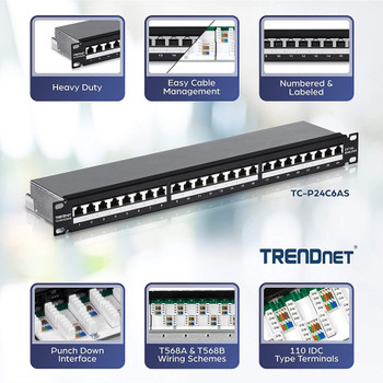 TRENDnet 24-Port Cat6A Shielded Patch Panel, 1U 19" Metal Housing, 10G Ready, Cat5e,Cat6,Cat6A Compatible, Cable Management, Color-Coded Labeling for T568A and T568B Wiring, Black, TC-P24C6AS TC-P24C6AS