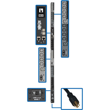 Tripp Lite by Eaton 14.5kW 200-240V 3PH Monitored Per-Outlet PDU - LX Interface, Gigabit, 30 Outlets, 50A CS8365C Input, LCD, 1.8 m Cord, 0U 1.8 m Height, TAA PDU3EVNR6H50
