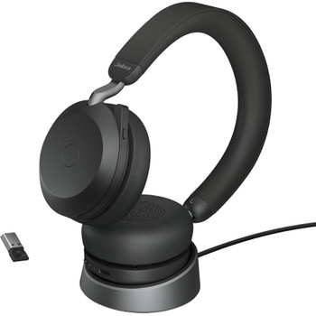 Jabra Evolve2 75 Wireless On-ear Stereo Headset - USB-A - Unified Communication - With Charging Stand - Black - Binaural - Ear-cup - 3000 cm - Bluetooth - 20 Hz to 20 kHz - MEMS Technology Microphone - Noise Cancelling 27599-989-989