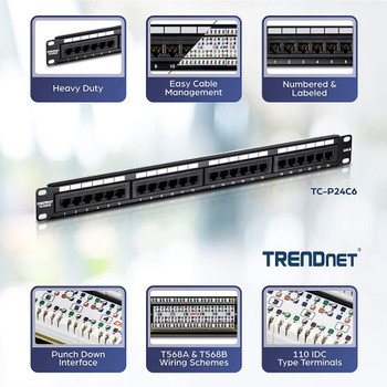 TRENDnet 24-Port Cat6 Unshielded Patch Panel, Wallmount or Rackmount, Compatible with Cat3,4,5,5e,6 Cabling, For Ethernet, Fast Ethernet, Gigabit Applications, Black, TC-P24C6 TC-P24C6