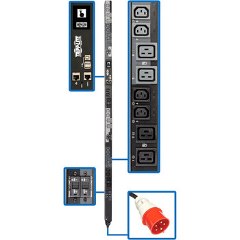 Tripp Lite by Eaton 17.3kW 220-240V 3PH Switched PDU - LX Interface, Gigabit, 24 Outlets, IEC 309 30A Red 380-415V Input, Outlet Monitoring, LCD, 1.8 m Cord, 0U 1.8 m Height, TAA PDU3XEVSR6G30A