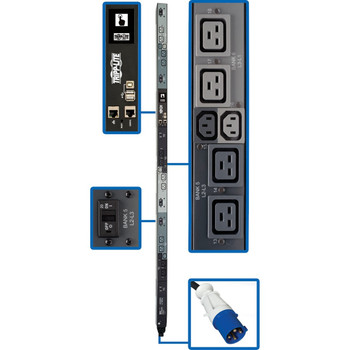 Tripp Lite by Eaton 16.2kW 208V 3PH Switched PDU - LX Interface, Gigabit, 18 Outlets, IEC 309 60A Blue Input, Outlet Monitoring, LCD, 1.8 m Cord, 0U 1.8 m Height, TAA PDU3EVSR6G60A