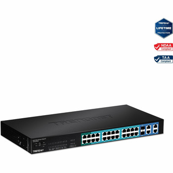 TRENDnet 28-Port 10/100Mbps Web Smart PoE+ Switch, 20 x PoE Ports, 4 x PoE+ Ports, 2 x Gigabit Ports, 2 x Shared Gigabit Ports (RJ-45 or SFP), Rack Mountable, Lifetime Protection, Black, TPE-224WS TPE-224WS