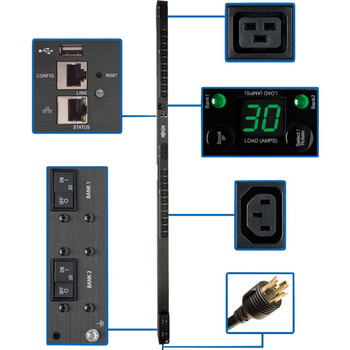 Tripp Lite by Eaton PDU 5.5kW Single-Phase Switched PDU - LX Interface 208/230V Outlets (20 C13 & 4 C19) L6-30P 0U TAA PDUMV30HVNETLX